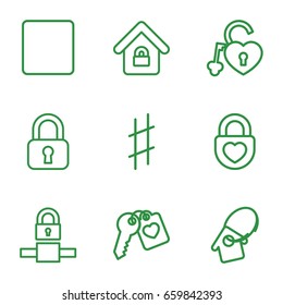 Key icons set. set of 9 key outline icons such as heart lock, stop, musical sharp, lock home