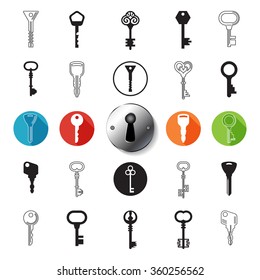 Key Icons Set. Car keys. House keys.Modern and Old keys.
Flat design. Contour line. Realistic images. Vector Illustration. 