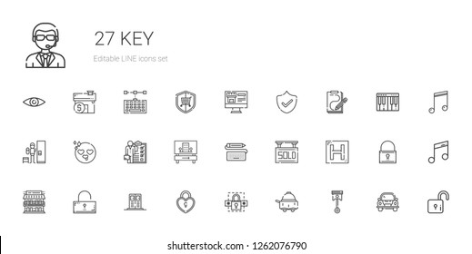 key icons set. Collection of key with automotive, room service, password, padlock, locker, unlocked, motel, hotel, sold, keyboard, skills, in love. Editable and scalable key icons.