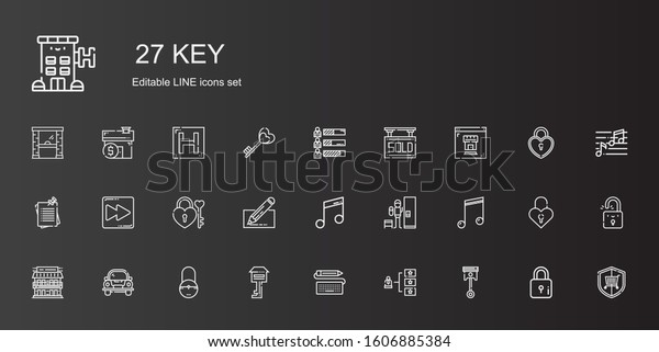 key
icons set. Collection of key with automotive, skills, keyboard,
padlock, car, motel, musical note, locker, music, edit, fast
forward, notes. Editable and scalable key
icons.