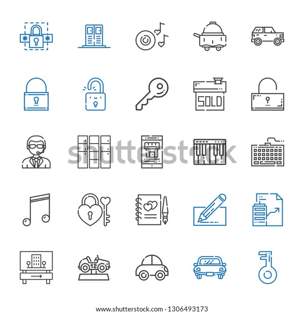 key\
icons set. Collection of key with car, hotel, real estate, edit,\
guests book, padlock, musical note, keyboard, piano, locker,\
doorman, unlocked. Editable and scalable key\
icons.
