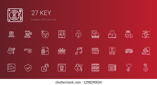 key icons set. Collection of key with note, lockers, padlock, real estate, lock, security, fast forward, hotel, keyboard, music, car, unlocked. Editable and scalable key icons.