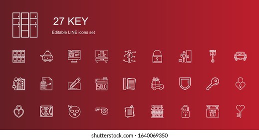 key icons set. Collection of key with padlock, motel, notes, in love, music, security, car, sold, edit, real estate, skills, locker, automotive. Editable and scalable key icons.
