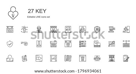 key icons set. Collection of key with password, real estate, notes, access, fast forward, unlocked, piano, skills, garage, hotel, security, locker. Editable and scalable key icons.