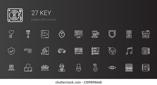 key icons set. Collection of key with security, padlock, doorman, car, unlocked, locker, in love, skills, piano, hotel, real estate, guests book. Editable and scalable key icons.
