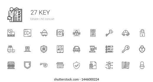 key icons set. Collection of key with skills, real estate, security, keyboard, motel, hotel, car, locker, password, padlock, notes, guests book. Editable and scalable key icons.