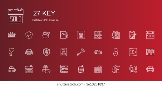 key icons set. Collection of key with skills, keyboard, notes, car, garage, padlock, hotel, security, lockers, real estate, piano, fast forward. Editable and scalable key icons.