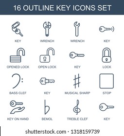 key icons. Trendy 16 key icons. Contain icons such as wrench, opened lock, open lock, lock, bass clef, musical sharp, stop, key on hand, bemol, treble clef. icon for web and mobile.