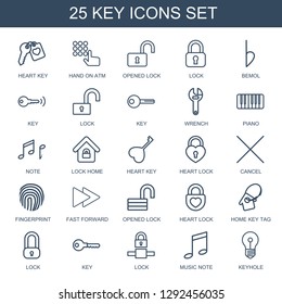 key icons. Trendy 25 key icons. Contain icons such as heart key, hand on atm, opened lock, lock, bemol, wrench, piano, note, lock home, heart lock. icon for web and mobile.