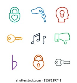 key icons. Trendy 9 key icons. Contain icons such as heart lock, bemol, dislike, note, head with keyhole, hand with key. key icon for web and mobile.