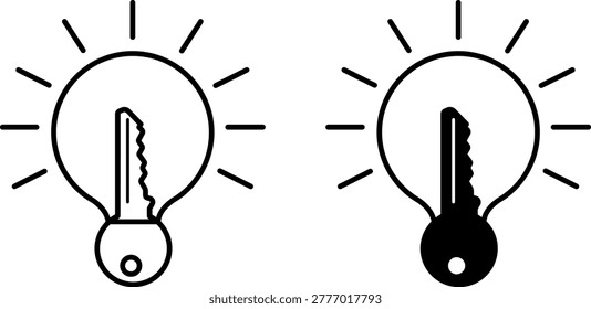 Key Idea Icons. Line and Glyph Vector Icons. Glowing Light Bulb and Key. The Main Thought, Essence or Concept on which the Project is Built. Concept Idea