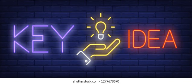 Key idea neon text with light bulb in hand. Idea and innovation concept design. Night bright neon sign, colorful billboard, light banner. Vector illustration in neon style.