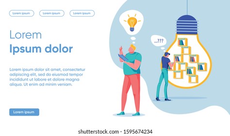 Key Idea Vocation Search Concept, Landing Page. Banner Man in Casual Clothes Examines Books in Closet in Form Large Light Bulb. Chubby Guy Reads Book and Thinks about Luminous Bulb.