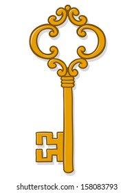 Key illustration ornate gold or brass metallic vintage on a white background conceptual of success, wealth and achievement