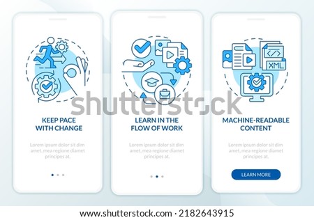 Key imperatives blue onboarding mobile app screen. Content design walkthrough 3 steps editable graphic instructions with linear concepts. UI, UX, GUI template. Myriad Pro-Bold, Regular fonts used