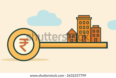 A key with the Indian Rupee symbol points toward a house and buildings, financial access to real estate investment