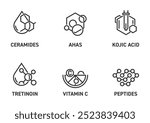 Key ingredients for skincare and anti-age products. Peptides, Vitamin C, Tretinon, Kojic acid, AHAS and Ceramides. Icons set for labeling, monochrome pictograms in bold line