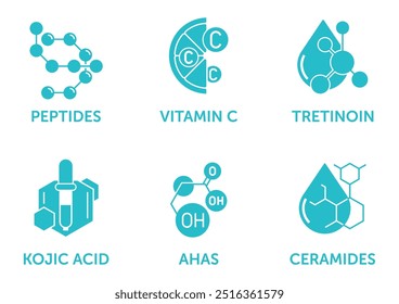 Ingredientes-chave para produtos de cuidados da pele e antiidade. Peptídeos, vitamina C, Tretinon, ácido kójico, AHAS e ceramidas. Conjunto de ícones para rotulagem, pictogramas monocromáticos 