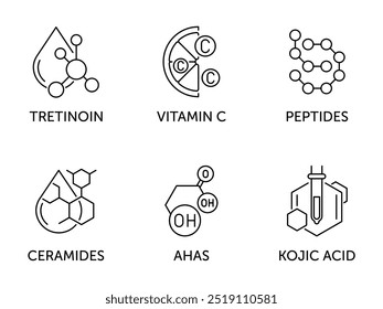 Ingredientes-chave para produtos de cuidados da pele e antiidade. Peptídeos, vitamina C, Tretinon, ácido kójico, AHAS e ceramidas. Conjunto de ícones para rotulagem, pictogramas monocromáticos em linha fina