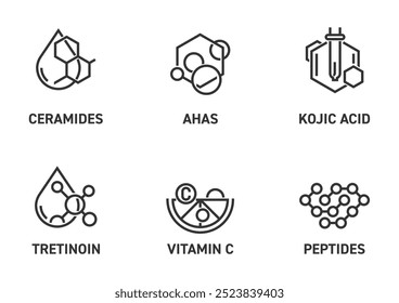 Ingredientes-chave para produtos de cuidados da pele e antiidade. Peptídeos, vitamina C, Tretinon, ácido kójico, AHAS e ceramidas. Ícones definidos para rótulos, pictogramas monocromáticos em negrito