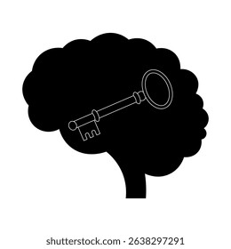 Key Inside the Brain Silhouette Vector Illustration. This black and white vector illustration features a human brain silhouette with an old fashioned key placed inside it.