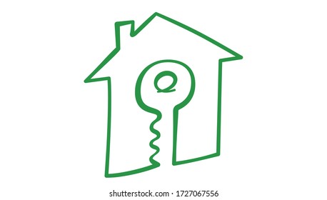 Icono de la tecla dentro de la casa, estilo de dibujo a mano, ilustración vectorial