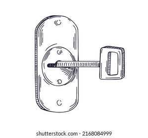 Key inside keyhole, lock, unlocking and opening house door. Outlined etched engraved drawing in retro style. Contoured hand-drawn vector illustration isolated on white background