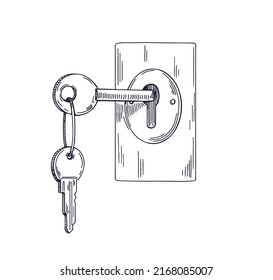 Key inside keyhole unlocking apartment door. Outlined engraved drawing of item in hole opening room drawn in retro style. Contoured handdrawn vector illustration isolated on white background