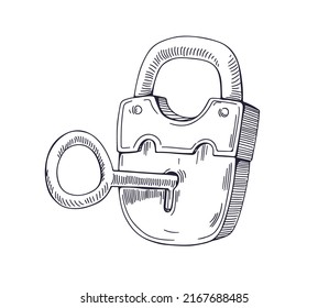 Key inside padlocks keyhole, locking and unlocking. Outlined etched drawing in retro vintage style. Contoured detailed hand-drawn vector illustration, sketch isolated on white background