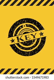 Key inside warning sign, black grunge emblem. Vector Illustration. Detailed.