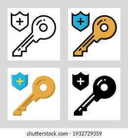 diseño clave de vectores de icono de seguro en línea llana, delgada, contorno y plano.