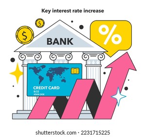 Key interest rate increase as a measure to reduce inflation. Economics crisis recovery. Growing up prices and value of money decline. Flat vector illustration