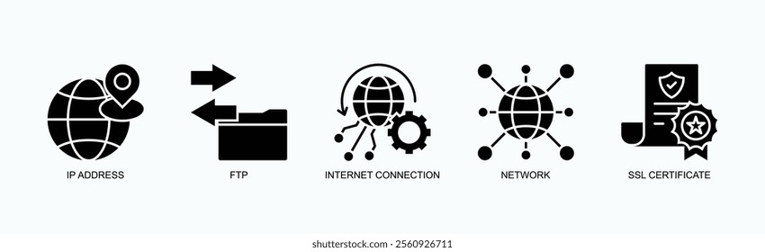 Key Internet And Networking Components For Hosting And Security Icon Set Vector Illustration Concept With Icon Of Ip Address, Ftp, Internet Connection, Network, Ssl Certificate In Glyph Style