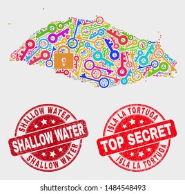 Key Isla La Tortuga map and seal stamps. Red round Top Secret and Shallow Water distress seal stamps. Bright Isla La Tortuga map mosaic of different lock elements.
