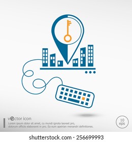 Key and keyboard. Line icons for application development, creative process.