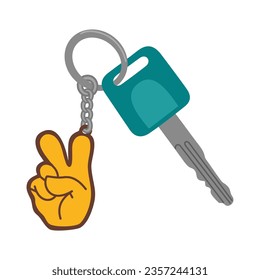 Key with keychain. Hand drawn vector illustration isolated on white background, flat cartoon style.