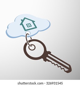 Key with keychain. The house is painted on a cloud. Stock sectorial image.