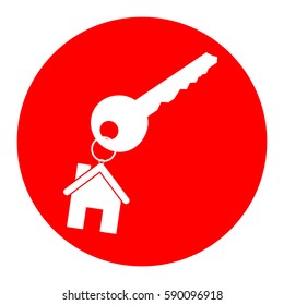 key with keychain as an house sign. Vector. White icon in red circle on white background. Isolated.