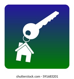 key with keychain as an house sign. Vector. White icon at green-blue gradient square with rounded corners on white background. Isolated.