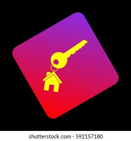 key with keychain as an house sign. Vector. Yellow icon at violet-red gradient square with rounded corners rotated for dynamics on black background.