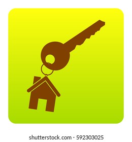 key with keychain as an house sign. Vector. Brown icon at green-yellow gradient square with rounded corners on white background. Isolated.
