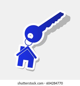 key with keychain as an house sign. Vector. New year bluish icon with outside stroke and gray shadow on light gray background.