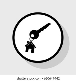 key with keychain as an house sign. Vector. Flat black icon in white circle with shadow at gray background.