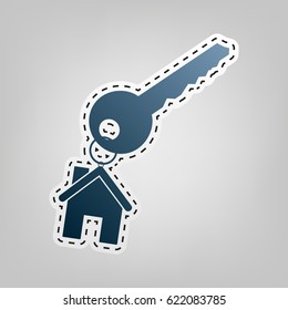 key with keychain as an house sign. Vector. Blue icon with outline for cutting out at gray background.