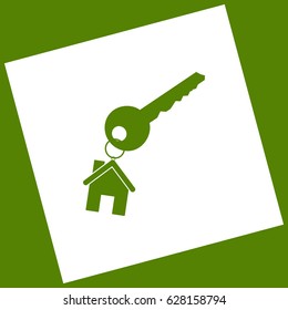 key with keychain as an house sign. Vector. White icon obtained as a result of subtraction rotated square and path. Avocado background.