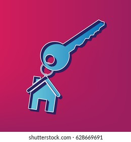 key with keychain as an house sign. Vector. Blue 3d printed icon on magenta background.