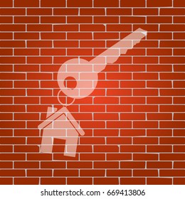 key with keychain as an house sign. Vector. Whitish icon on brick wall as background.