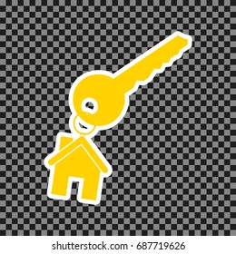 key with keychain as an house sign. Vector. Yellow icon with white contour on dark transparent background.
