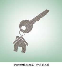key with keychain as an house sign. Vector. Brown flax icon on green background with light spot at the center.