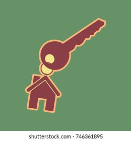 key with keychain as an house sign. Vector. Cordovan icon and mellow apricot halo with light khaki filled space at russian green background.